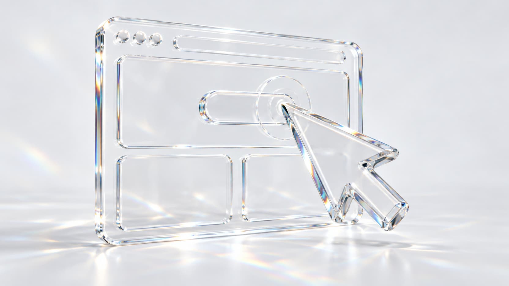 A pointer clicking a button on a browser window, both made of clear glass